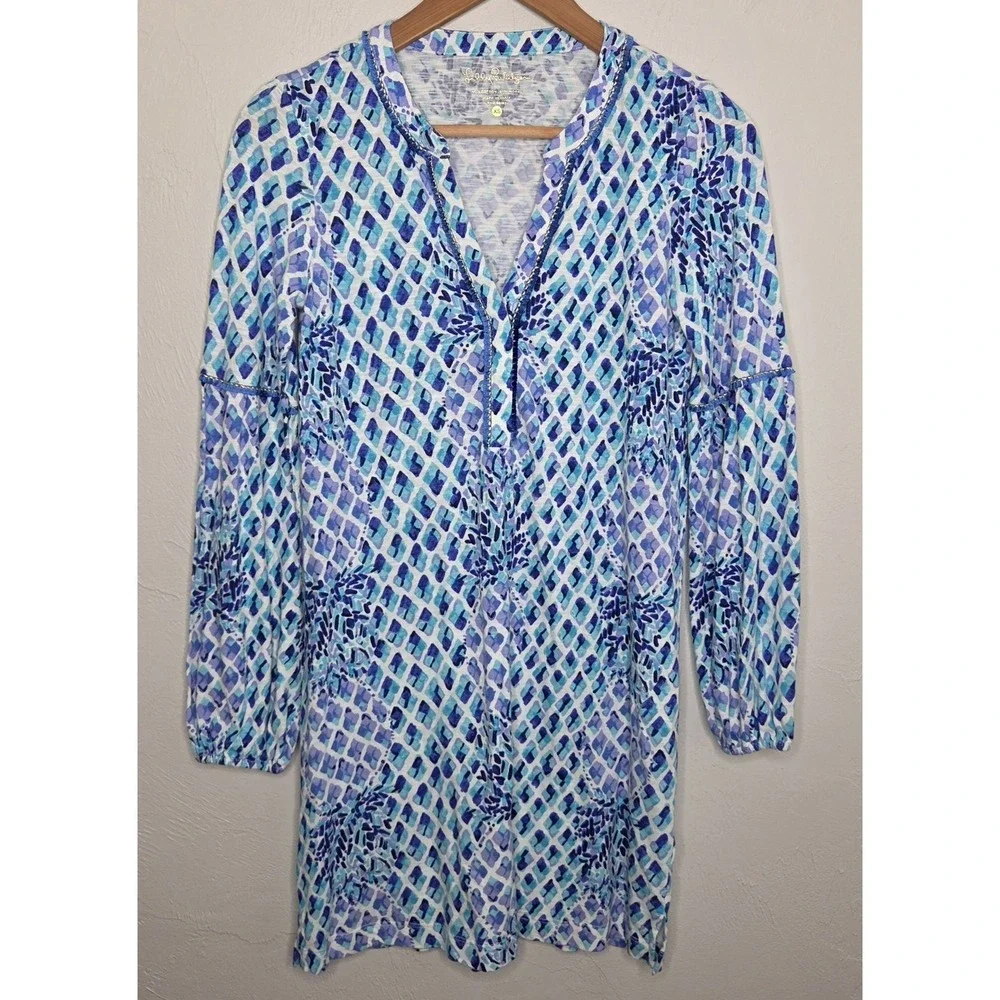 Lilly Pulitzer Joy Tunic Dress Size XS Blue White Pineapple Beach Resort Coastal